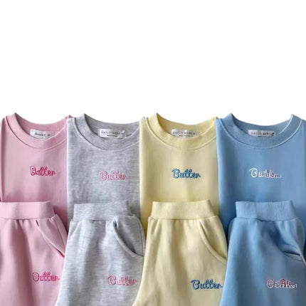 Casual Kids Tracksuit Set for Boys Girls Pure Cotton Solid Color Embroidered "Butter" Sweatshirt Pants Spring Autumn Wear