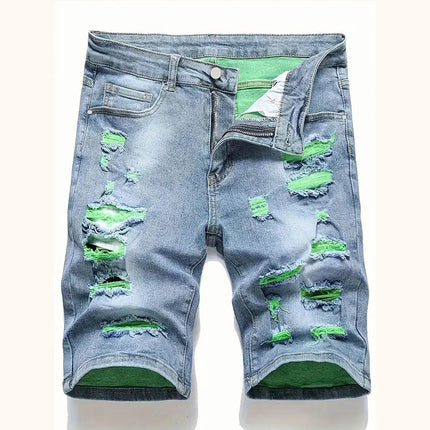 Men's denim shorts with summer frayed elastic men's casual pants slim-fit European-style shorts tight and worn-out men's pants