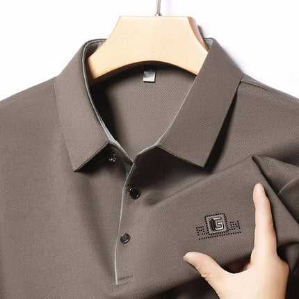 New Men's Business Casual Short-Sleeved Shirt with Badge, Solid Color Polo Shirt, Fashionable, Breathable, Comfortable, Versatile Top