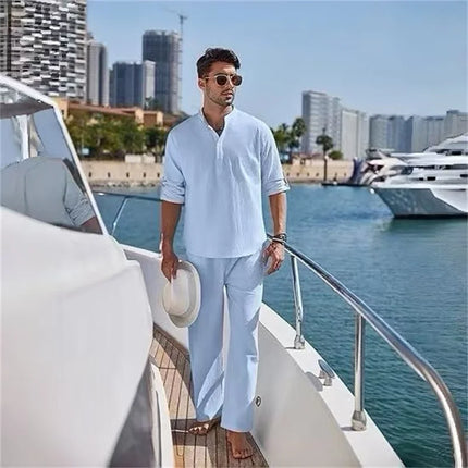 Men's Resort Style Stand-Up Collar Long-Sleeved Top + Loose Trousers Set Yacht Style Casual Comfortable Two-Piece Set S-2XL