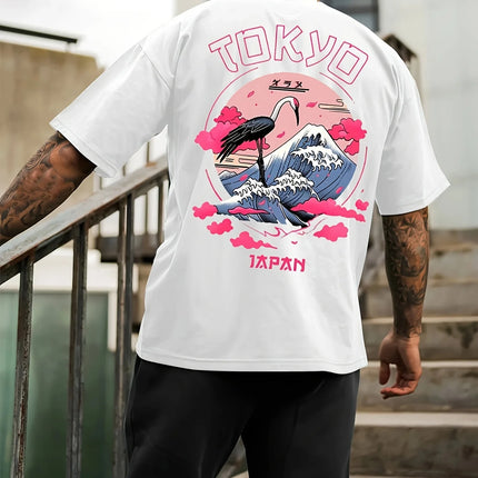 Men's Summer 100% Cotton Tokyo Casual Pattern Printed Fashionable Loose Round Neck Short Sleeve T-Shirt Top