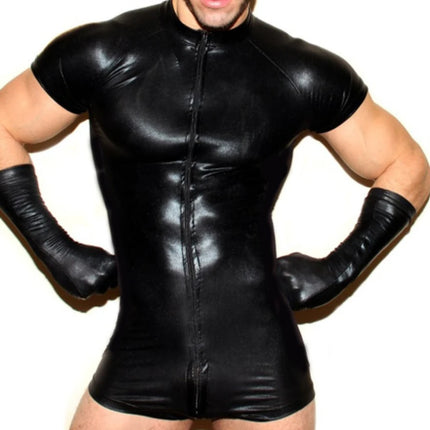 Men's PU Faux Leather Mesh Shaper Bodysuit Sexy Tight Body Underwear Casual Zipper Wrestling Leotard Singlet Shaper for Men