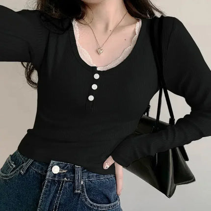 Women's T-Shirts Long Sleeve Slim Lace Button Kawaii T-shirts Female Y2k Tops Casual Tees Pullovers 2024 Spring New Woman Clothing