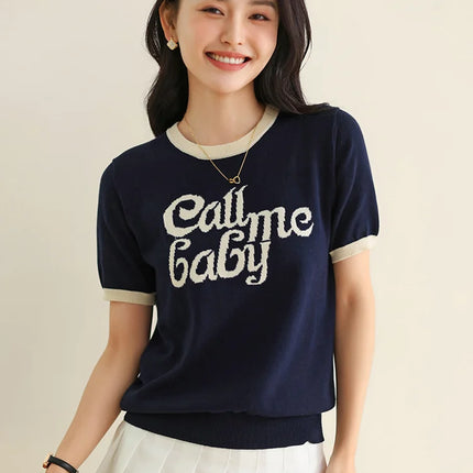 New women's short-sleeved 100% cotton knitted O-neck women's T-shirt Korean version fashionable hot selling top