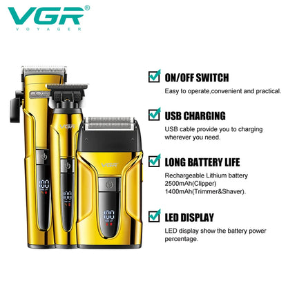 VGR 3-in-1 Hair Trimming Set Professional High end Electric Push Clipper Oil Head Carving Pusher LED Reciprocating Shaver V-694