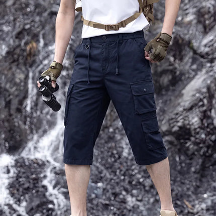 Men Washed Cotton Tactical Cargo Capri Shorts Multi Pockets Elastic Waist Outdoor Mountaineering Training9A310