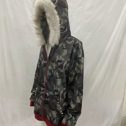Winter Warm Camouflage Hoodie Women's Faux Fur Trim Zip-Up Sweatshirt Female  Oversized Streetwear Hooded Jacket 2026 New