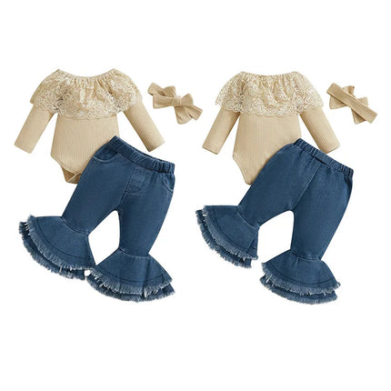 0-24months Baby Girls Pants Suit Long Sleeve Round Neck Lace Romper Tops Denim Bell-Bottoms Headband Clothes Set