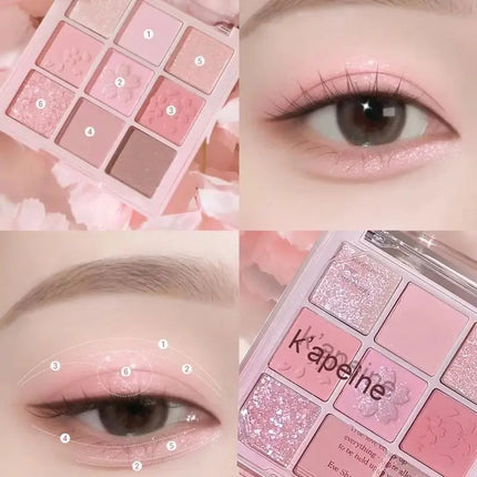 Pink Sakura 9-Color Eyeshadow and Blush Palette, Shimmer and Matte, Embossed Cherry Blossom Design for Makeup Lovers‘s Festival