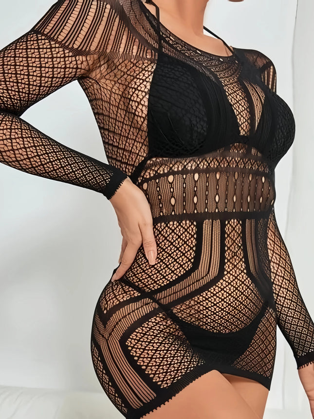 One piece sexy lingerie black erotic dresses hot women mesh hollow sexy underwear Elastic tight fitting nightgown sleepwear