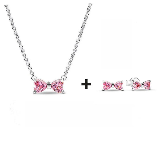 2025 New Birthday Day Gift S925 Silver Earrings Heart &Infinity Knot Jewellery Set Pink Bow Earrings Original Women Jewelry