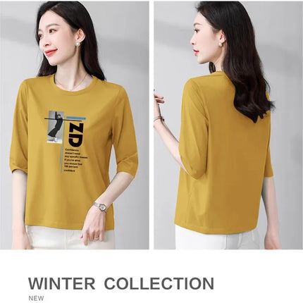 High-End Pure Cotton T-Shirt Women's Summer 3/4 Sleeve 2025 New Korean Style Fashionable Simple Slimming Top Body Shirt