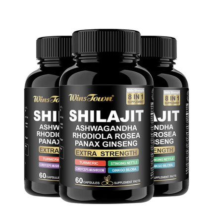 Shilajit Supplement, 8 in 1 Himalayan Shilajit Capsules for Men Women with Ashwagandha, Rhodiola Rosea, Panax, Ginseng 60 Count
