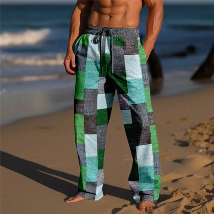 Plaid Color Block Men's Resort 3D Printed Casual Pants Trousers Elastic Waist Fit Straight-Leg Pant Summer Beach Pants