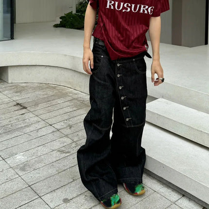 Korean High Street Buckle Curved Jeans Autumn Men'S Loose Straight Leg Pants Black Wide Leg Pants Casual Pants Hip-Hop Pants