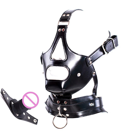 PU Leather Hood Bondage Head Mask Harness with Detachable Penis Mouth Gag Head Hood Mask BDSM Restraint