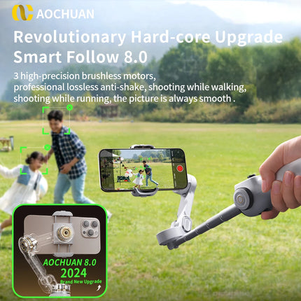 AOCHUAN 3-Axis Handheld Gimbal Phone Stabilizer with Extension Rod  8.0 Anti Shake Face Tracking for Phone Outdoor Shooting Vlog