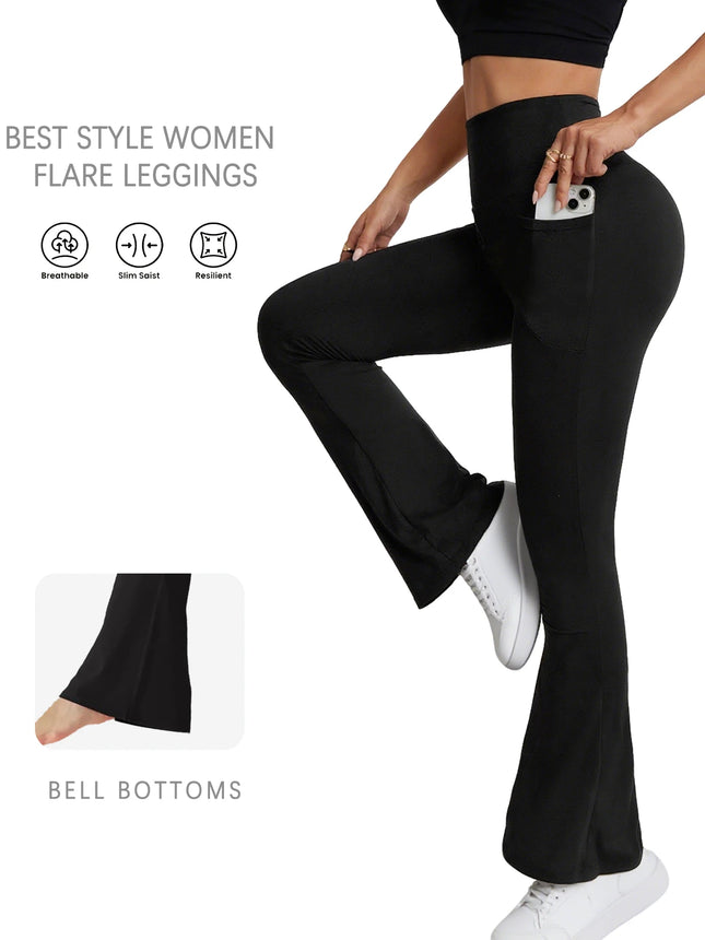 Women Super Soft Flare Pants with Pockets High Waisted Tummy Control No See Through Workout Yoga running Home Casual