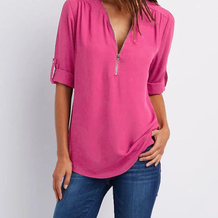 2024 Quality HotSale Plus Size Deep V Neck Women Blouse Chiffon Cool Loose Shirt Fashion Casual Ladies Tops Sexy Zipper Pullover