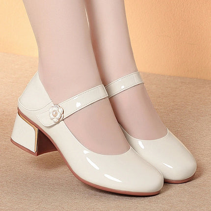 Women's Leather Shoes New Style Dancing Shoes Leongyue Mother Shoes Soft Sole Thick Heel Women's Shoes One-Button Single Shoes