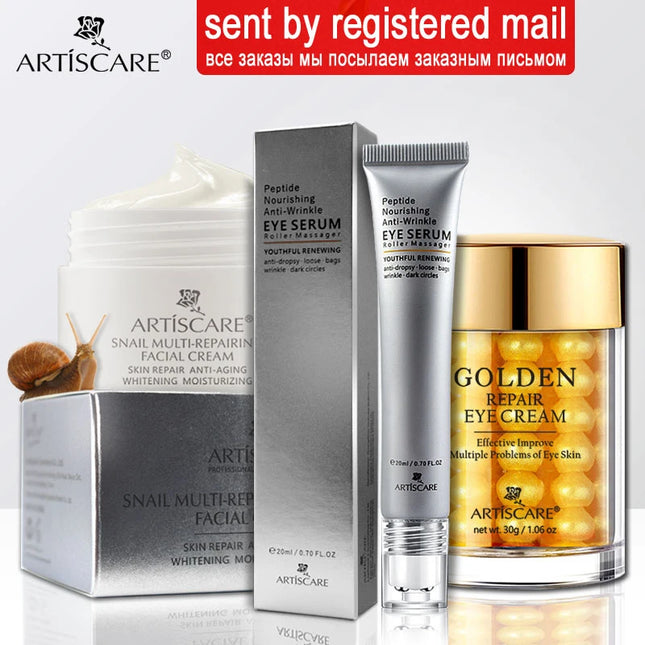 ARTISCARE Snail Face Cream + Peptide Eye Roller + Golden Eye Cream 3Pcs for Facial Moisturizing Serum Dark Circles Eye Care