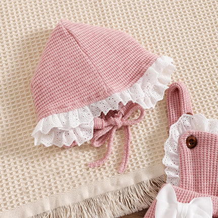 Cute Baby Girls Knitted Bodysuit Romper Sleeveless Lace Hem Crochet JumpsuitPlaysuit Hat Knitwear Clothes Set 2pcs