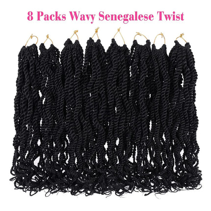 8 Packs Wavy Senegalese Twist Crochet Hair with Curly Ends, 8 Inch Black Synthetic Pre Looped Short Crochet Braids,