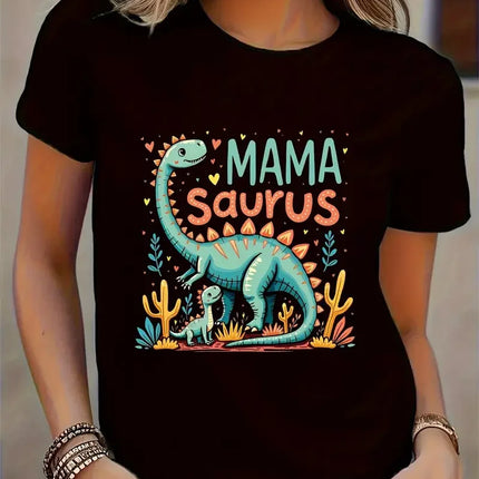 Funny MamaSaurus T-Rex Dinosaur Mom T-Shirt Retro Vintage Tee Soft Crew Neck Short Sleeve Shirt - Mother's Day Gifts for Women