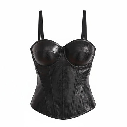PU Leather Fishbone Strapless Bralette Tank Top Women's Sexy Slim Fit Summer Innerwear Outerwear Waist Cinching Bandeau