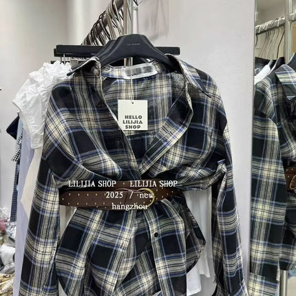 Loose Long-Sleeve Shirt Women's Korean Style Plaid Versatile Shirt with Belt, Slimming Effect, Early Autumn New Style Dongdaemun