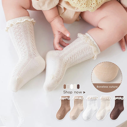 0-3 Years Lace Trim Princess Baby Socks Toddlers Cotton Mesh Breathable Non-slip Long Socks for Newborn Girls