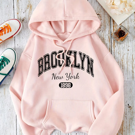Brooklyn New York 1898 Hoodie Sweatshirt - Casual Polyester Hooded Pullover with Drawstring Alphabet Pattern