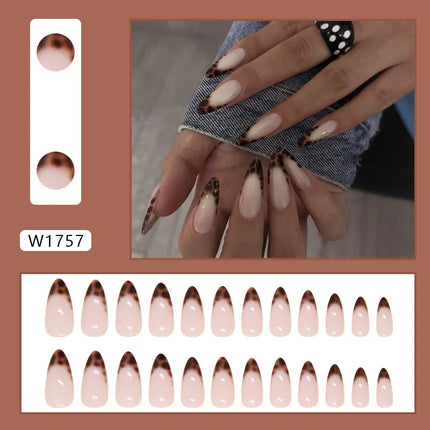 Dark Brown Flowers 24 Pcs Press-on Nails Pink Nail Polish Glossy Artificial Finger Manicure Reusable False Nails