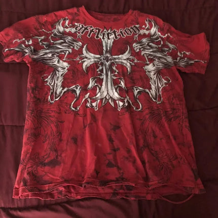 AFFICTION Red Goth Short Sleeves Men Women Vintage Cotton Couple Matching Hip Hop Streetwear Distressed Round Summer Grunge Tee