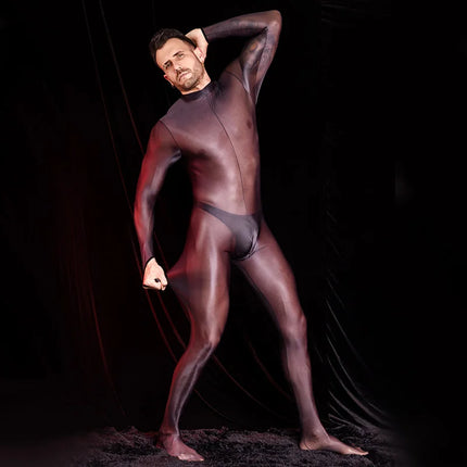 Sexy Men's Bodysuit Oil Shiny Glossy Tights Long Sleeves High Elastic Jumpsuits Exotic Leotard Thin Sheer Catsuit Body Stockings