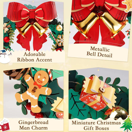 Rolife 3D Wooden Puzzle Christmas Wreath Model Building Kit with LED Light Red Bow Golden Bell for Holiday Door Christmas Decor