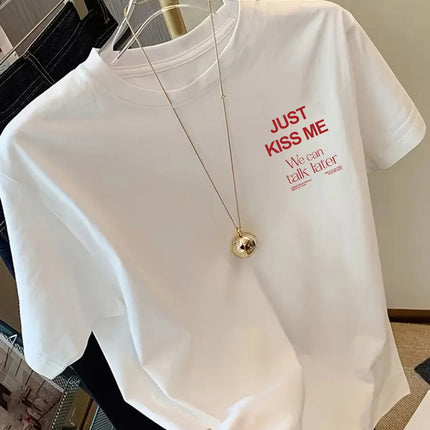 KISS ME We Can Talk Later Print Tshirt Short Sleeve Crew Neck Casual Top for Summer Spring Women'S Clothing