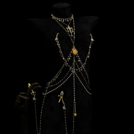 Diamond-Studded Nipple Clips SM Body Chain Glowing Heart Breast Restraint Anal Stimulator with Vaginal Clamps  Training Sex Toys