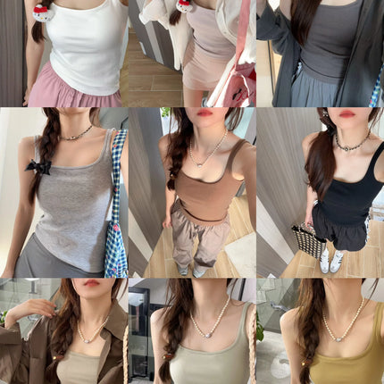 Women's Vest with Built-in Bra Pad Elastic Ribbed Square Collar Csole Tank Top ort Length  Color Versatile Summer F...
