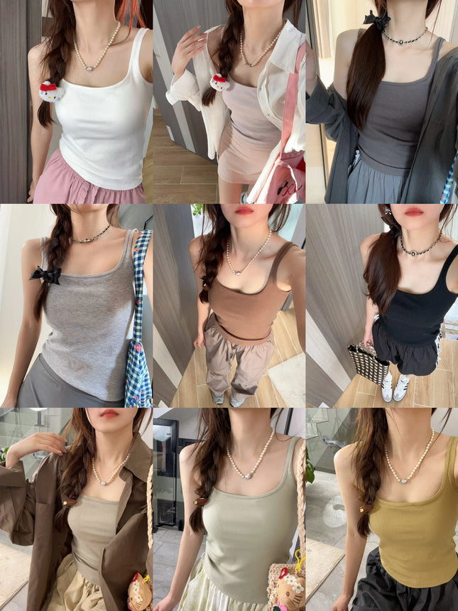 Women's Vest with Built-in Bra Pad Elastic Ribbed Square Collar Csole Tank Top ort Length  Color Versatile Summer F...