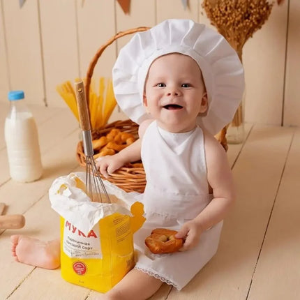 2pcs Little Chef Baby Costume Newborn Photography Props White Apron Hat Set Creative Infant Baking Cook Photo Shoot Clothes