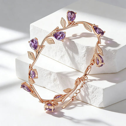 Kinel Luxury 585 Rose Gold Color Petal Bracelet For Women Fashion Shiny Purple Natural Zircon Accessories Ethnic Wedding Jewelry