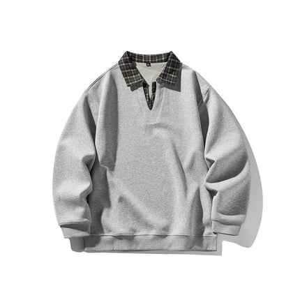Retro Plaid Polo Neck Sweatshirt for Men and Women Heavyweight Cotton Soft Fake Two-Piece V-Neck Long Sleeve