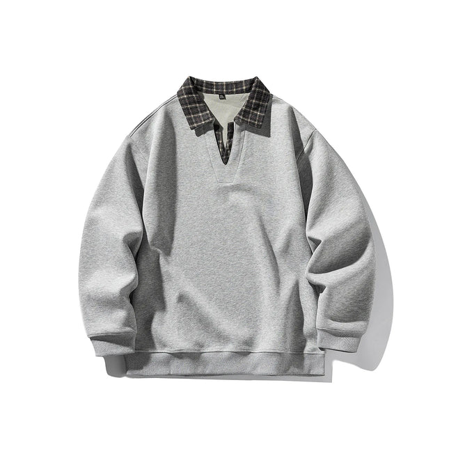 Retro Plaid Polo Neck Sweatshirt for Men and Women Heavyweight Cotton Soft Fake Two-Piece V-Neck Long Sleeve