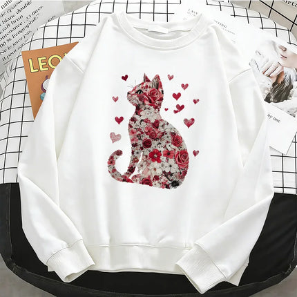 Love Cat Gothic Womens Solid Hoodies Basic Warm Fleece Sweatshirt Soft Breathable O-Neck Pullover Casual Female Clothes