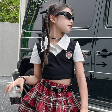 1pc 2026 new summer street American children set teenager Girls Clothes blouse shirt or checked JK pleated Skirt 4 8 10 12 Year