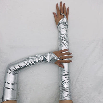Lacquer Leather Hook Finger Long Gloves Sexy Women Fingerless Mittens Cosplay Nightclub Stage Performance Pole Dance Party