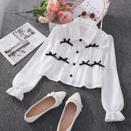 Girl White Shirt Long Sleeve White Collar Tops Bow Fashion Girls Clothes Collar Buttons Bottom Layer Shirt 7 8 9 10 11 12 Yrs