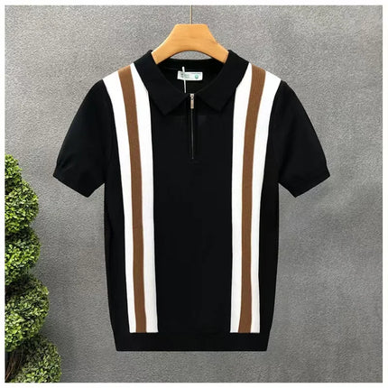 Summer New Men Slim-fit Luxury Knitted Polo Shirt Striped Patchwork T-shirt Casual Zipper Short Sleeve Tops Business Knitwear