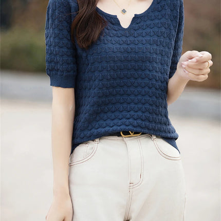Women's T-shirt Summer New 100% Pure Cotton Tees Casual Solid Knitted Short sleeved V-neck Pullover Loose Tops Fashion Sweater